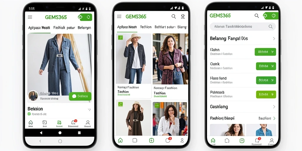 Antarmuka GEMS365 yang menarik dan mudah digunakan untuk belanja fashion.