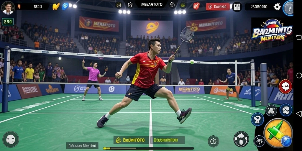 Antarmuka utama MERAHTOTO menampilkan pertandingan Badminton yang aksi.