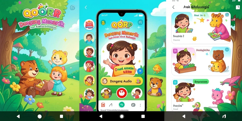 Antarmuka aplikasi QQRP dengan berbagai cerita audio untuk anak.